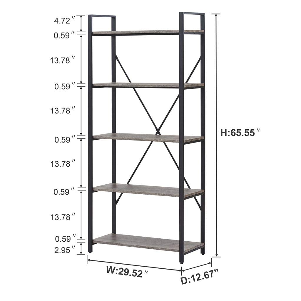 5 Tier Grey Wood and Metal Bookshelf C5523