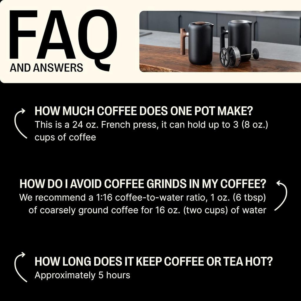 Insulated Coffee Maker with Enhanced Filtration System, Portable French Press Stainless Steel, 24 oz Carafe, Matte Black G652