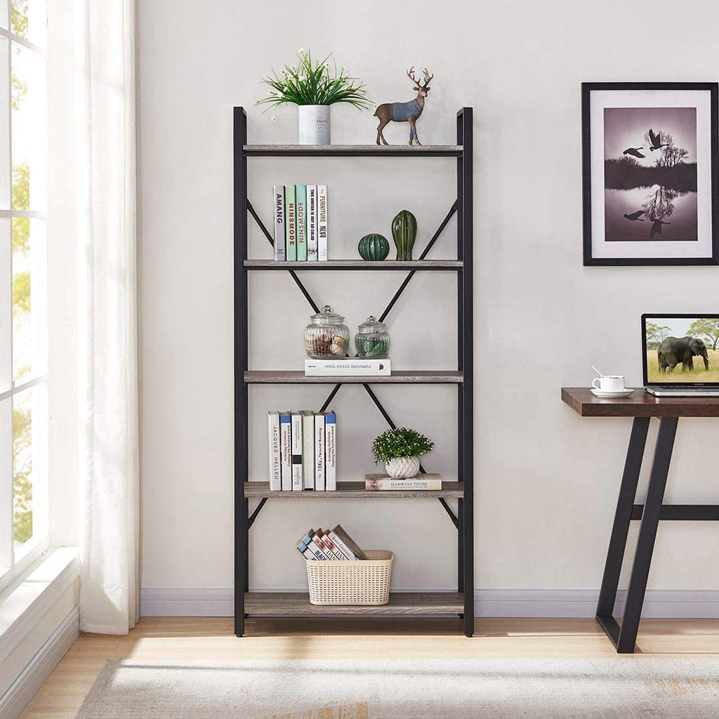 5 Tier Grey Wood and Metal Bookshelf C5523