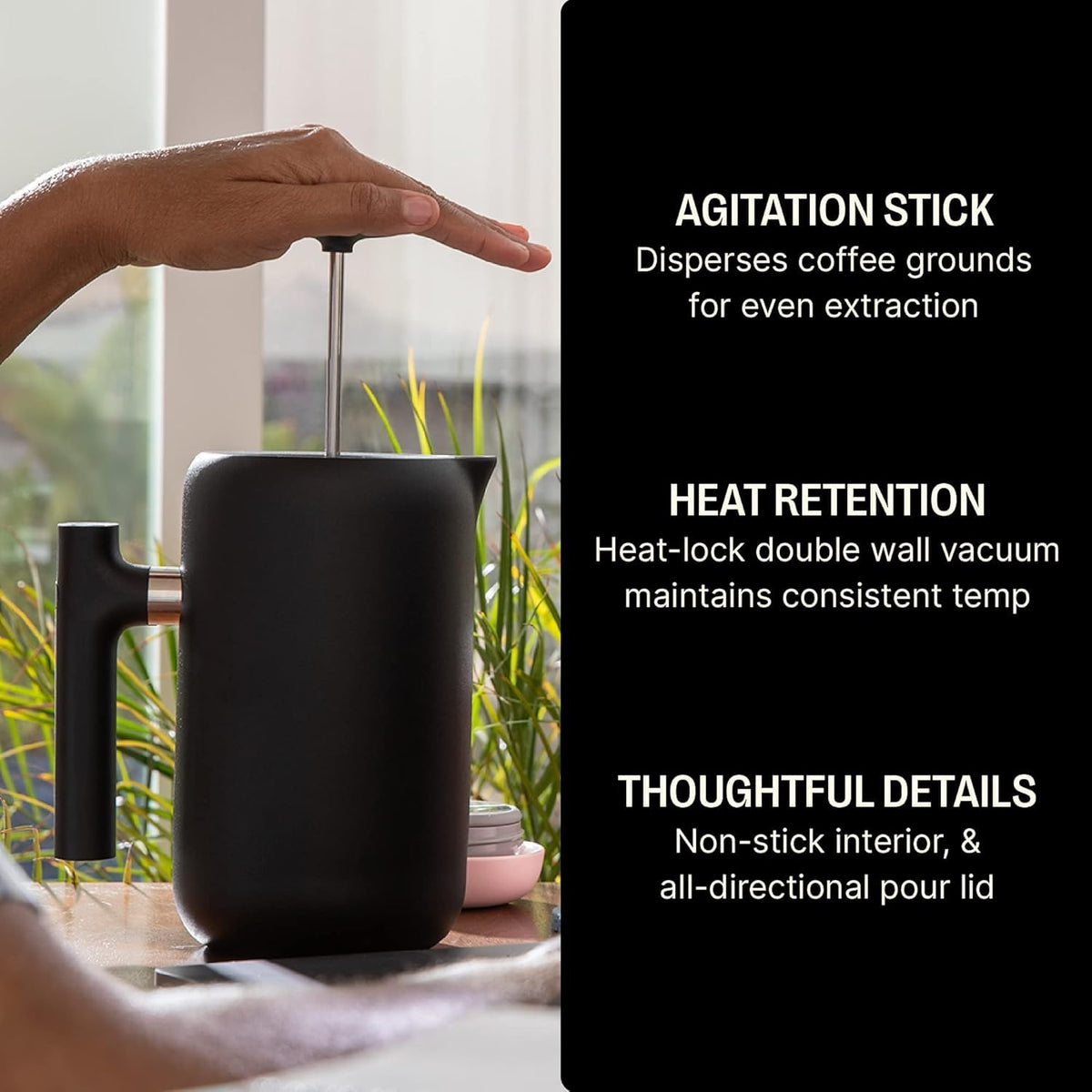Insulated Coffee Maker with Enhanced Filtration System, Portable French Press Stainless Steel, 24 oz Carafe, Matte Black G652