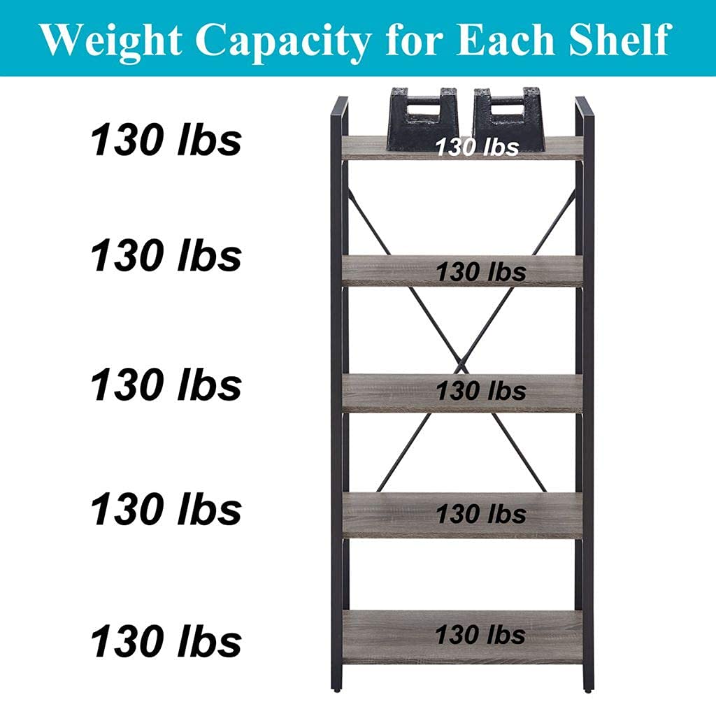 5 Tier Grey Wood and Metal Bookshelf C5523