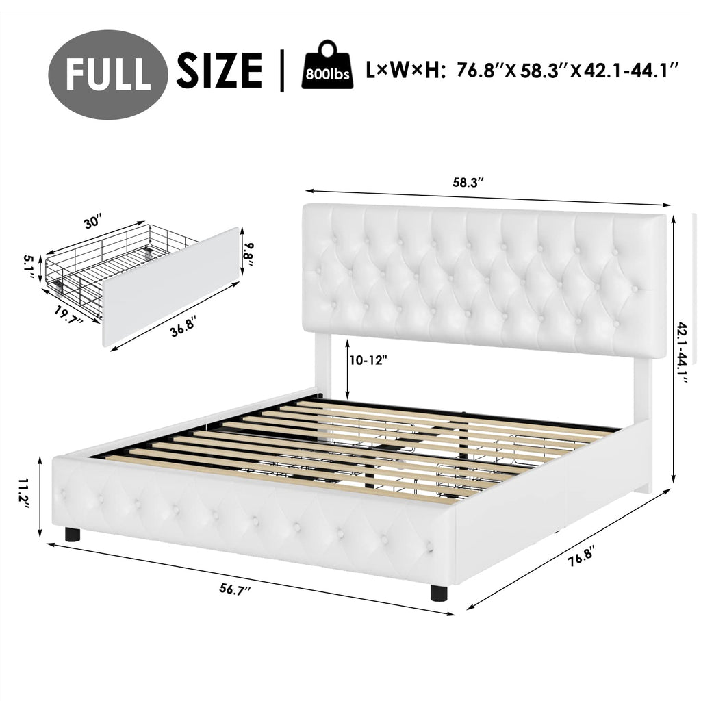 Full Size White Faux Leather Upholstered Platform Bed Frame with 4 Storage Drawers S627