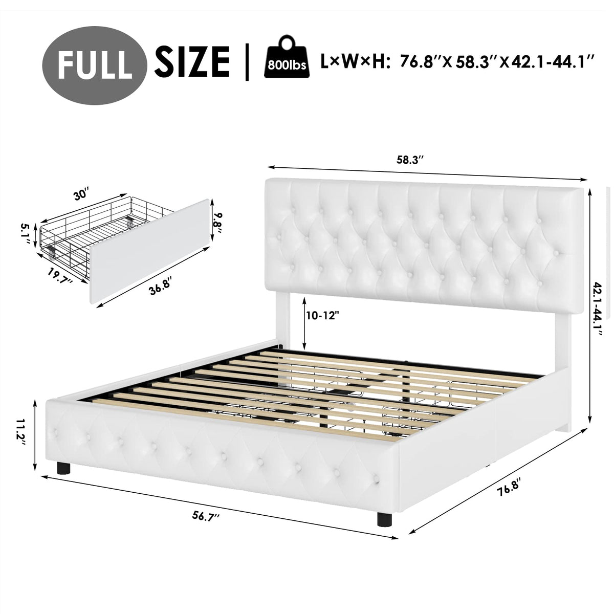 Full Size White Faux Leather Upholstered Platform Bed Frame with 4 Storage Drawers S627