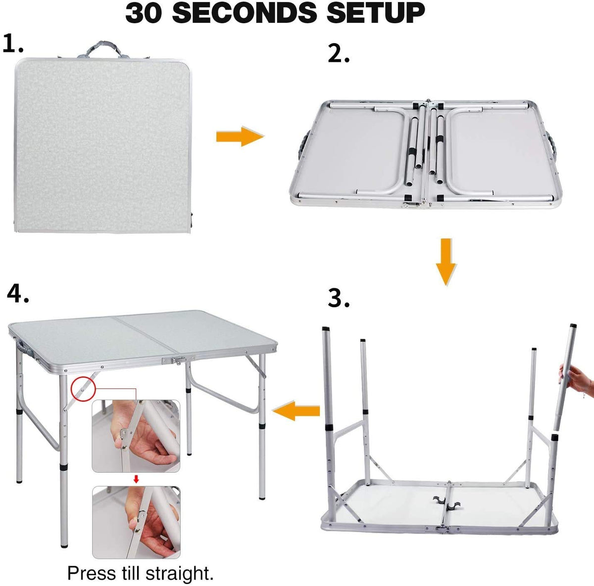 Aluminum Folding Table 4 Foot, Adjustable Height Lightweight Portable Camping Table for Picnic Beach Outdoor Indoor, White 48 x 24 inches K56338