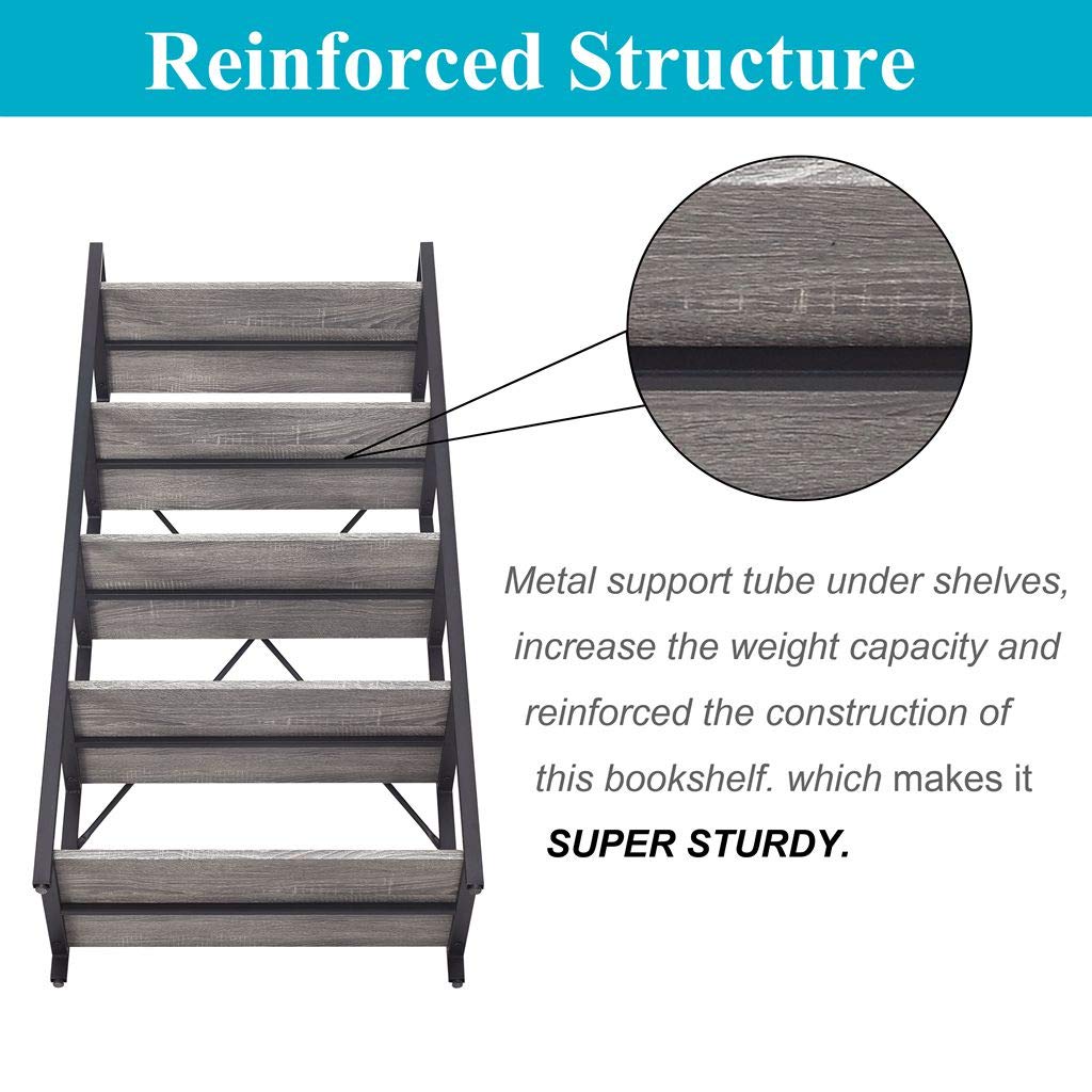 5 Tier Grey Wood and Metal Bookshelf C5523