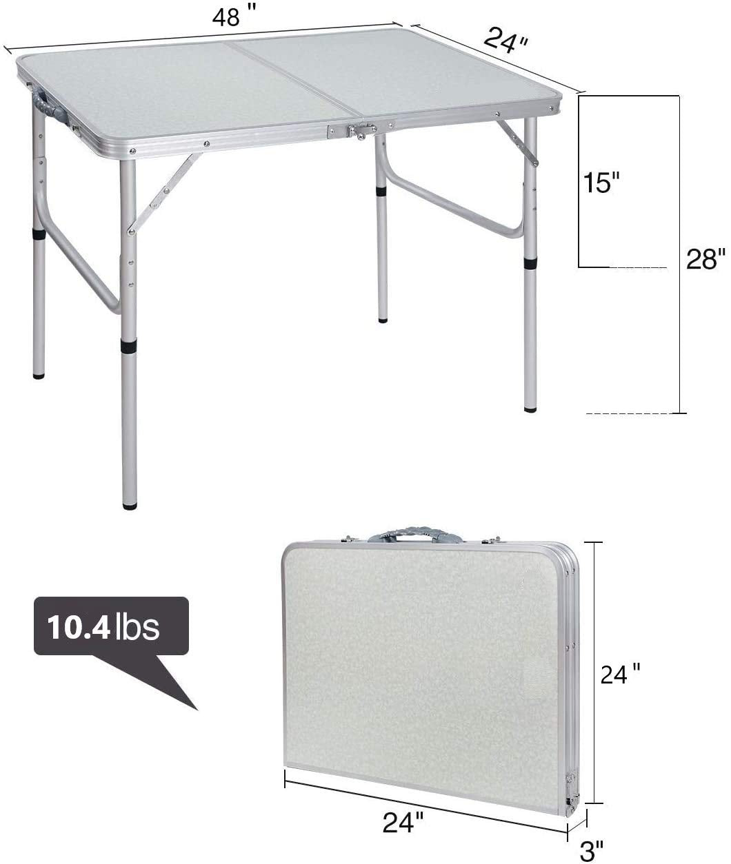 Aluminum Folding Table 4 Foot, Adjustable Height Lightweight Portable Camping Table for Picnic Beach Outdoor Indoor, White 48 x 24 inches K56338