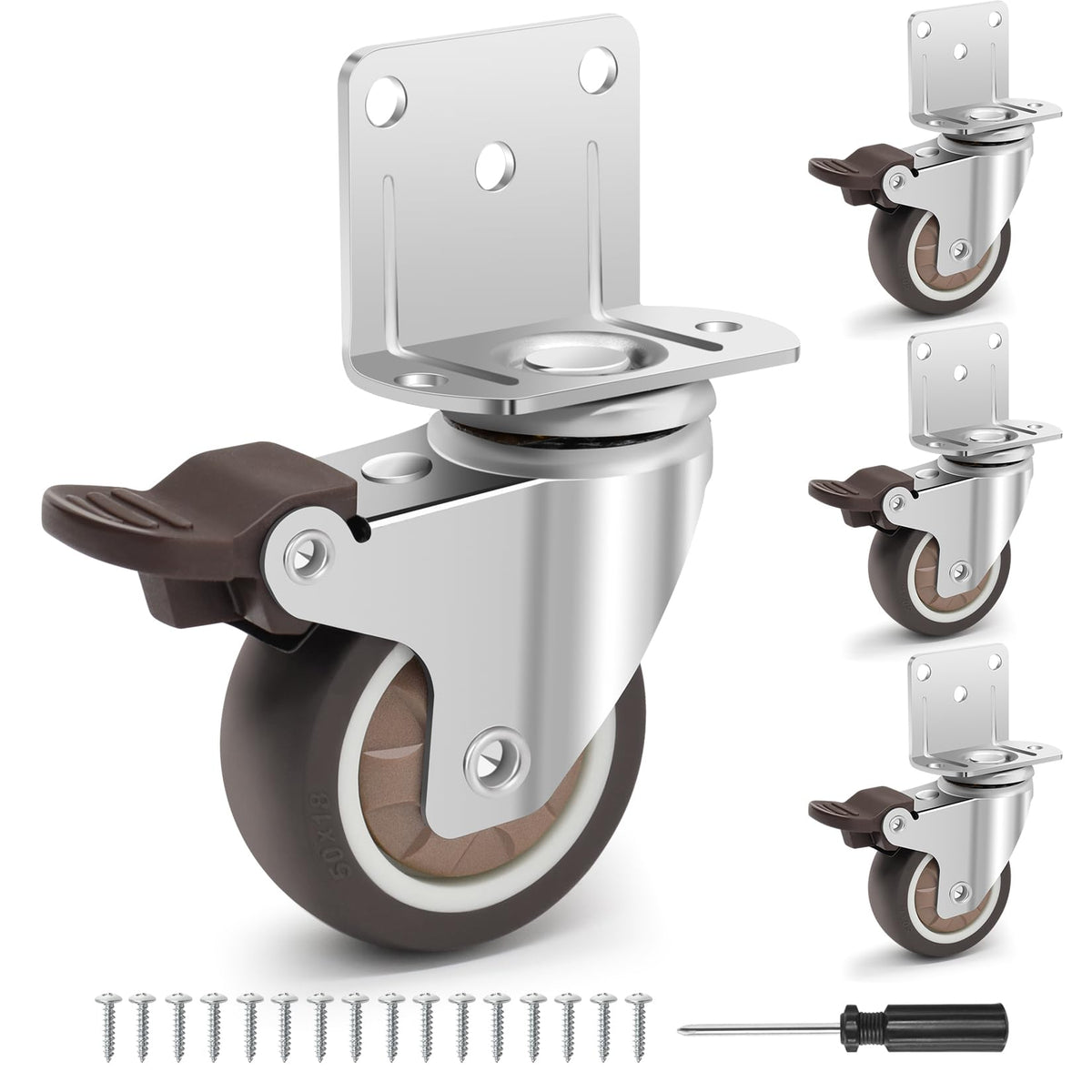2 Inch L-Shaped Rubber Casters Set of 4 with Brakes K35624