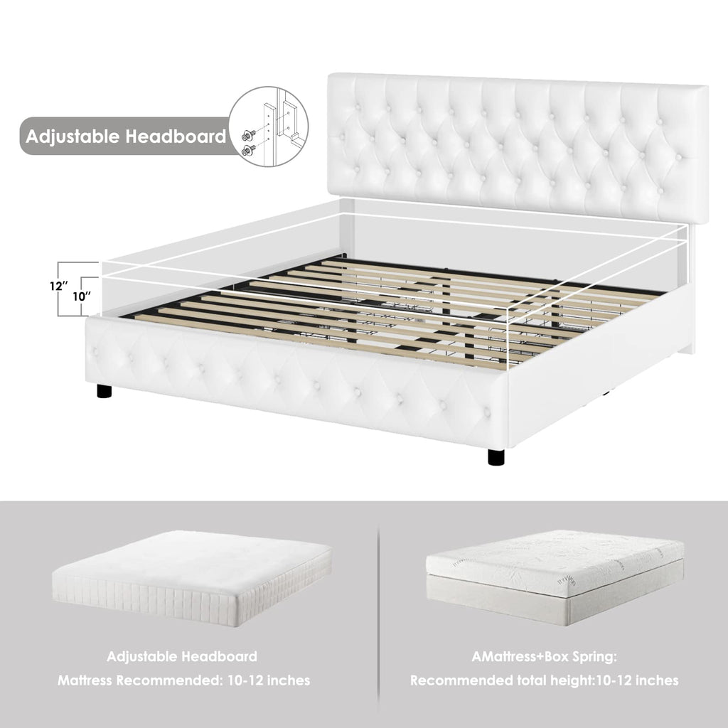 Full Size White Faux Leather Upholstered Platform Bed Frame with 4 Storage Drawers S627