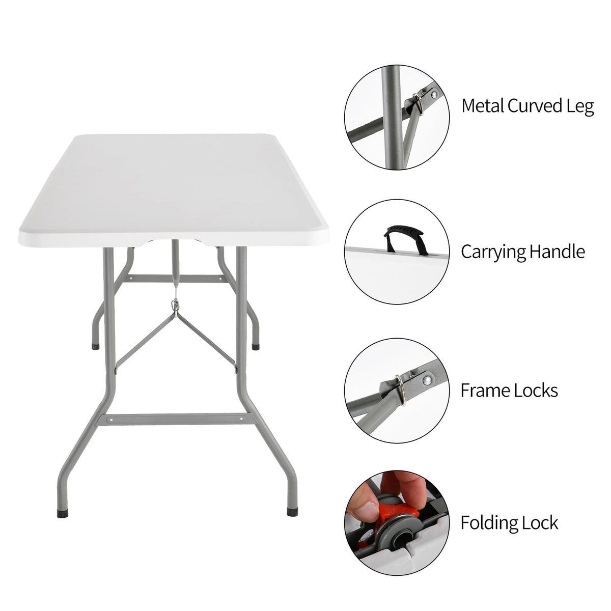 6 Foot Foldable White Plastic Table with Carrying Handle S48320