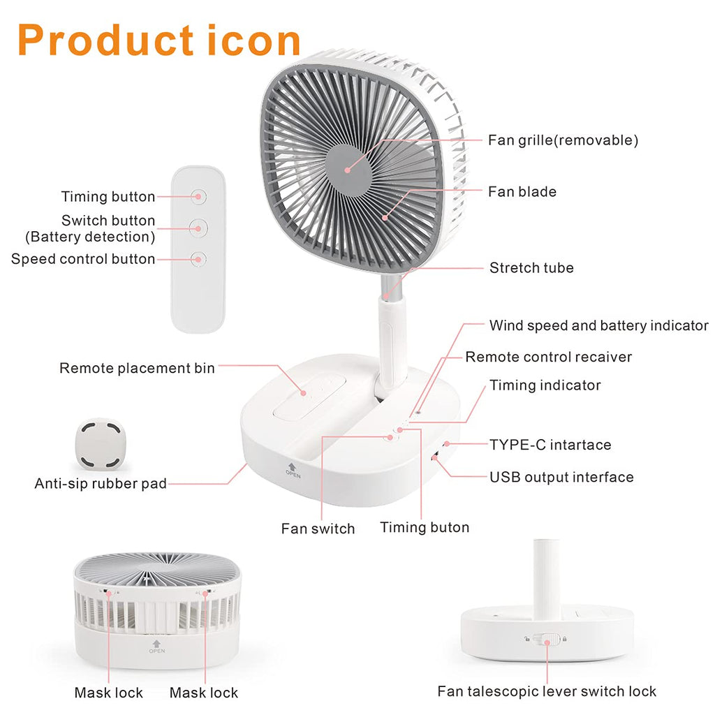 Portable Foldaway Standing Fan 7200Mah Rechargeable Battery Remote Control Telescopic 4 Speed Quiet Timer Gray R4394