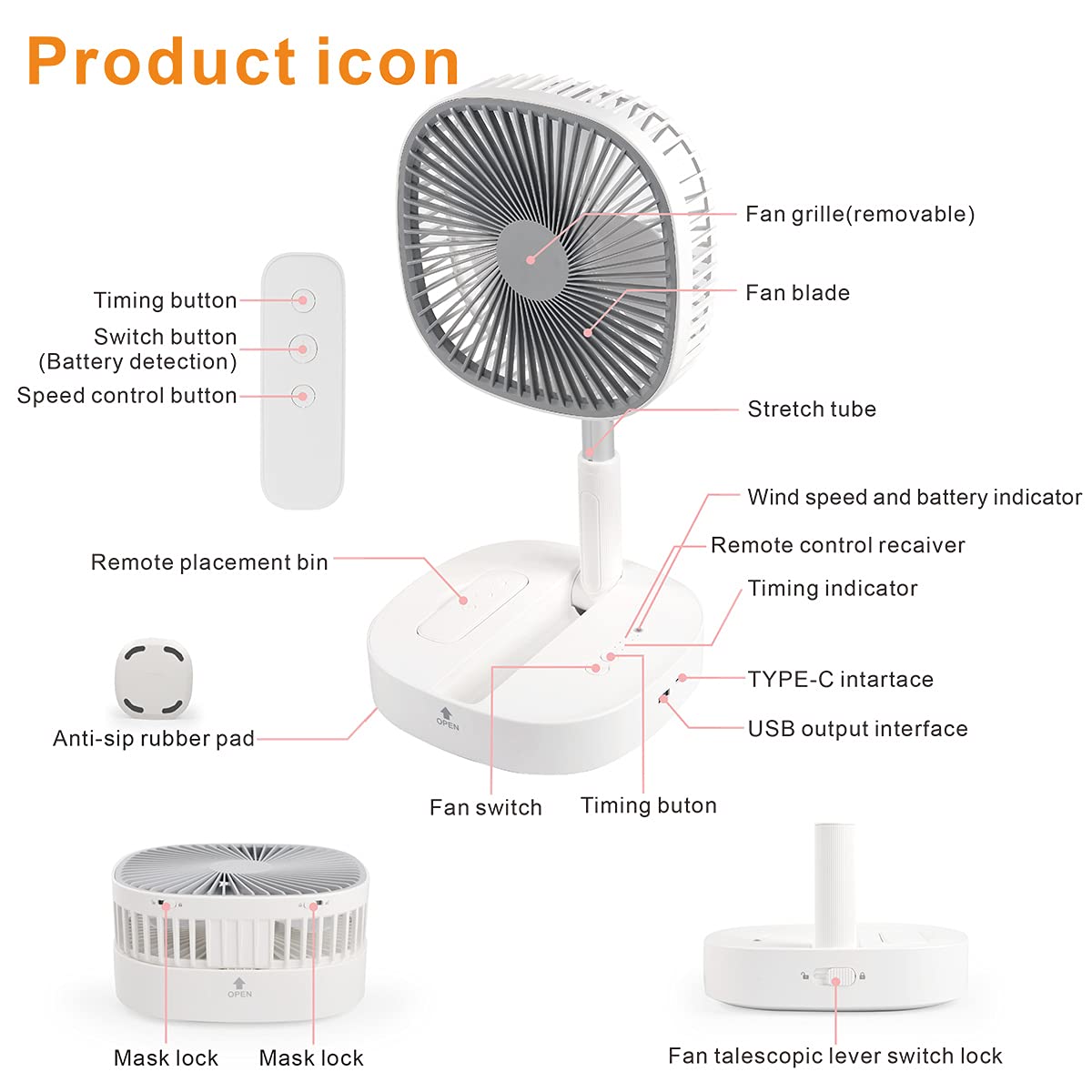Portable Foldaway Standing Fan 7200Mah Rechargeable Battery Remote Control Telescopic 4 Speed Quiet Timer Gray R4394
