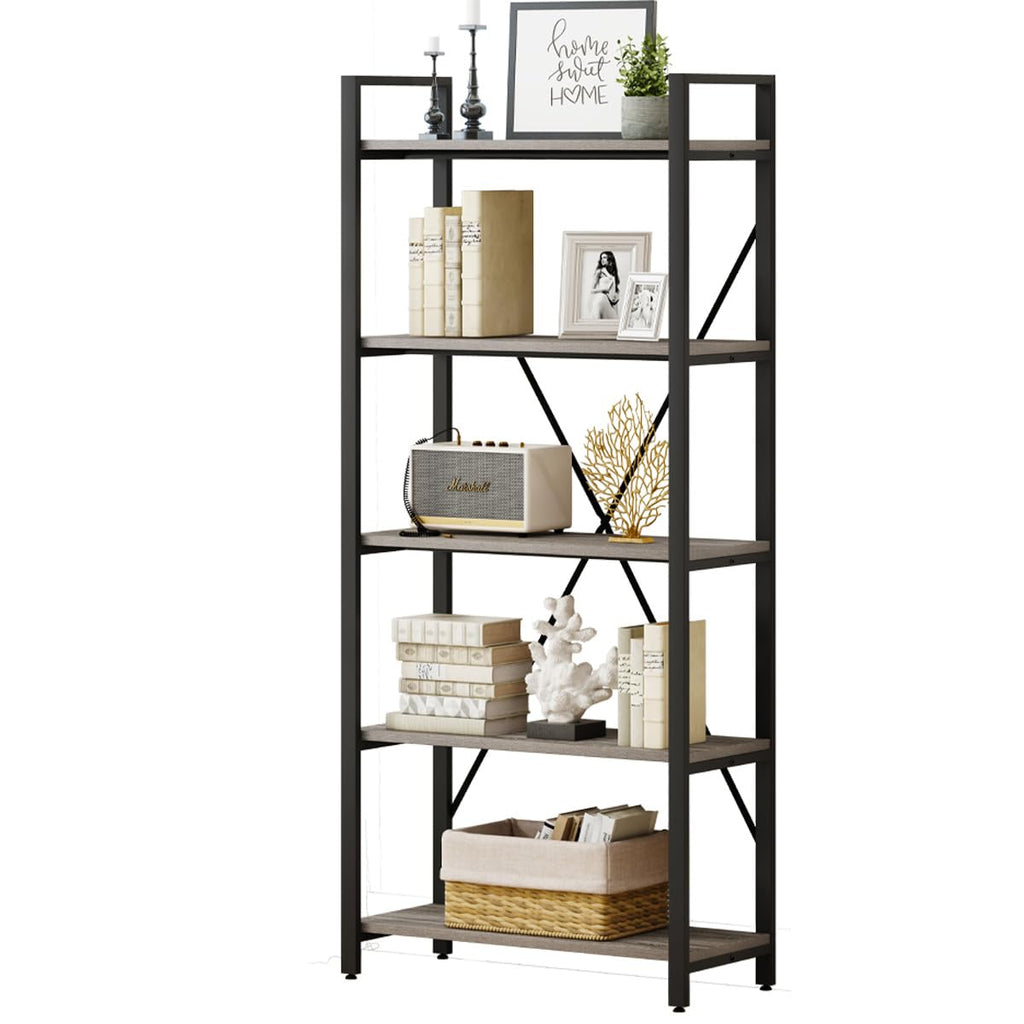 5 Tier Grey Wood and Metal Bookshelf C5523