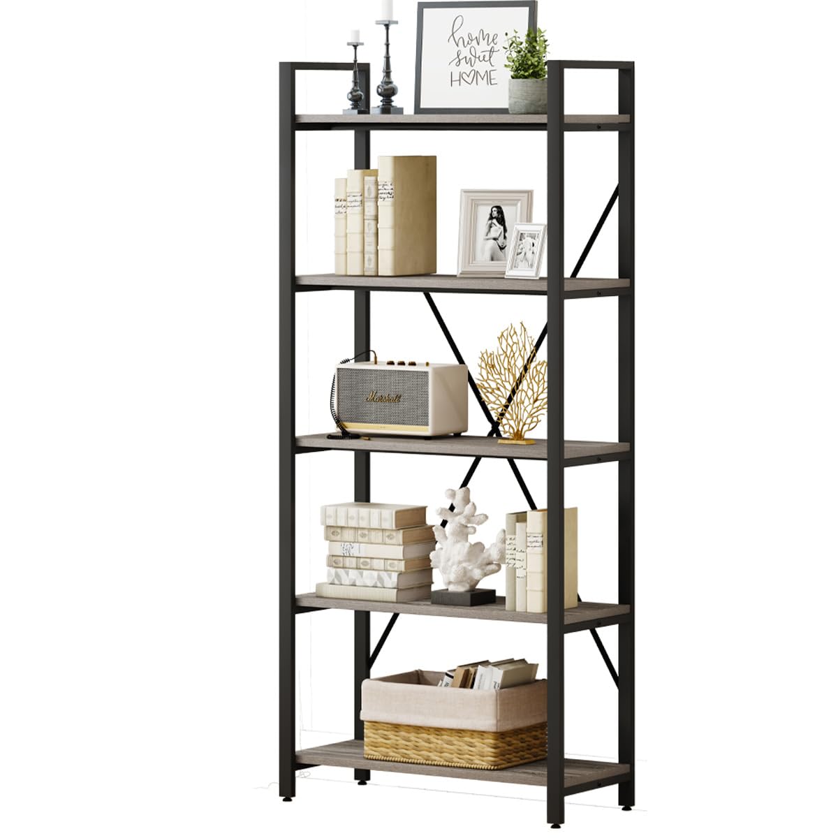 5 Tier Grey Wood and Metal Bookshelf C5523