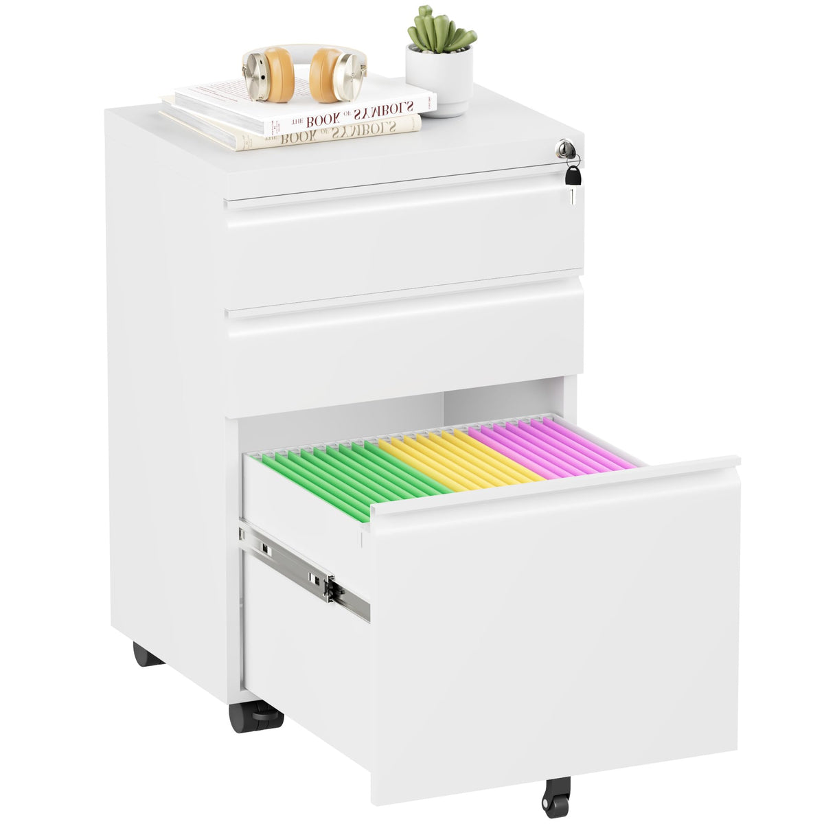 White 3 Drawer Metal Rolling File Cabinet Y3449