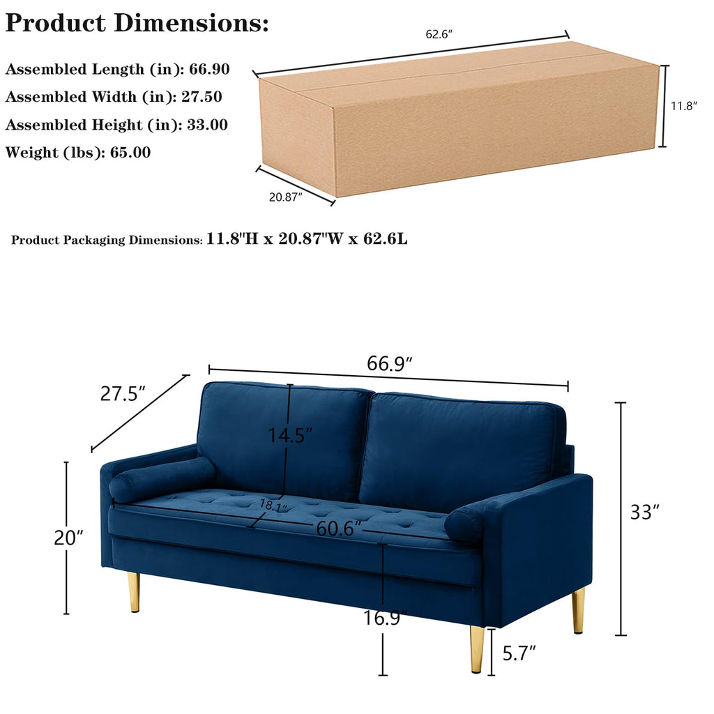 Navy Velvet 2-Seater Loveseat Sofa with Metal Legs Y460488