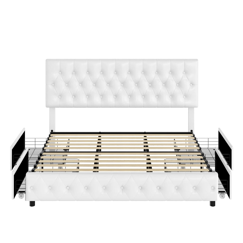 Full Size White Faux Leather Upholstered Platform Bed Frame with 4 Storage Drawers S627