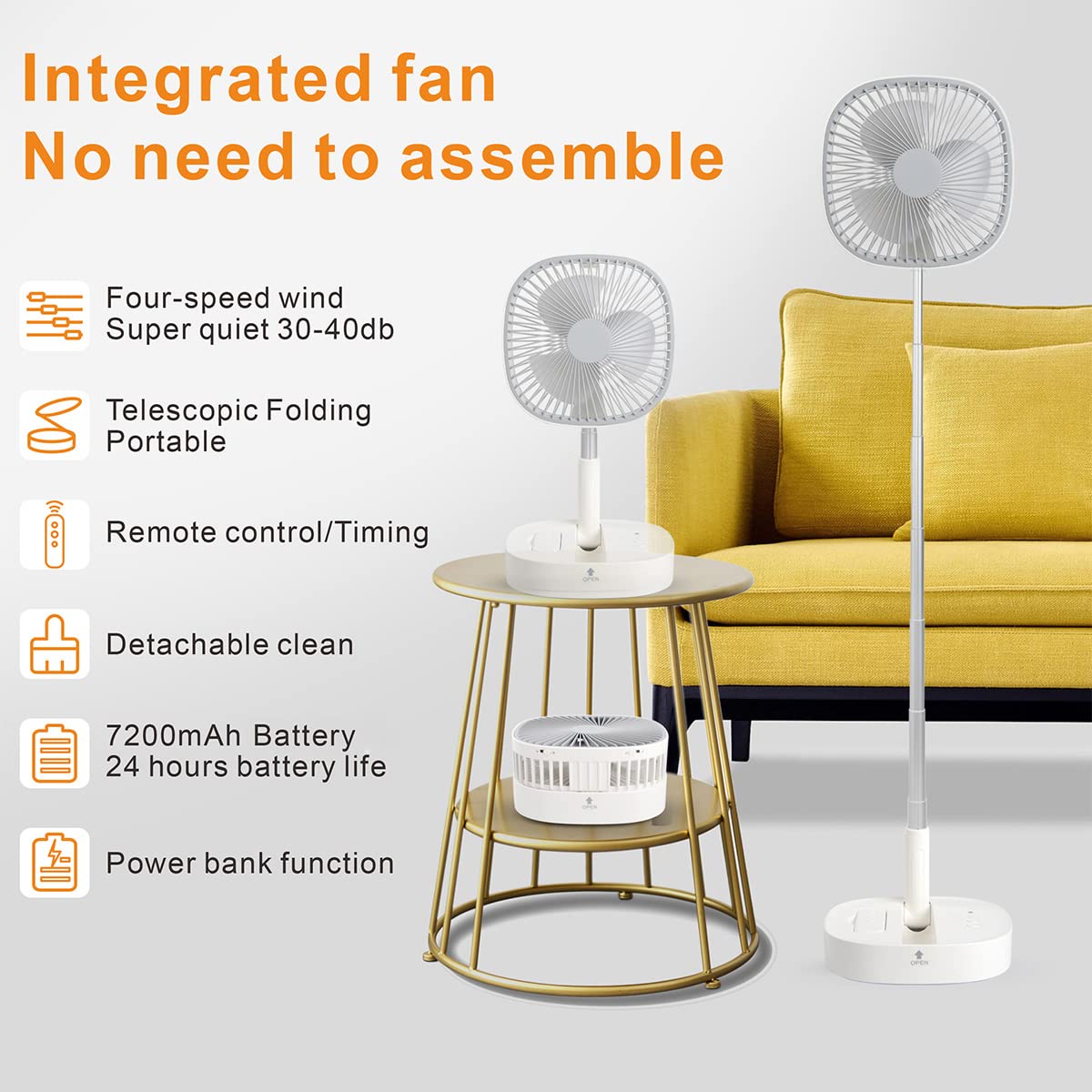 Portable Foldaway Standing Fan 7200Mah Rechargeable Battery Remote Control Telescopic 4 Speed Quiet Timer Gray R4394