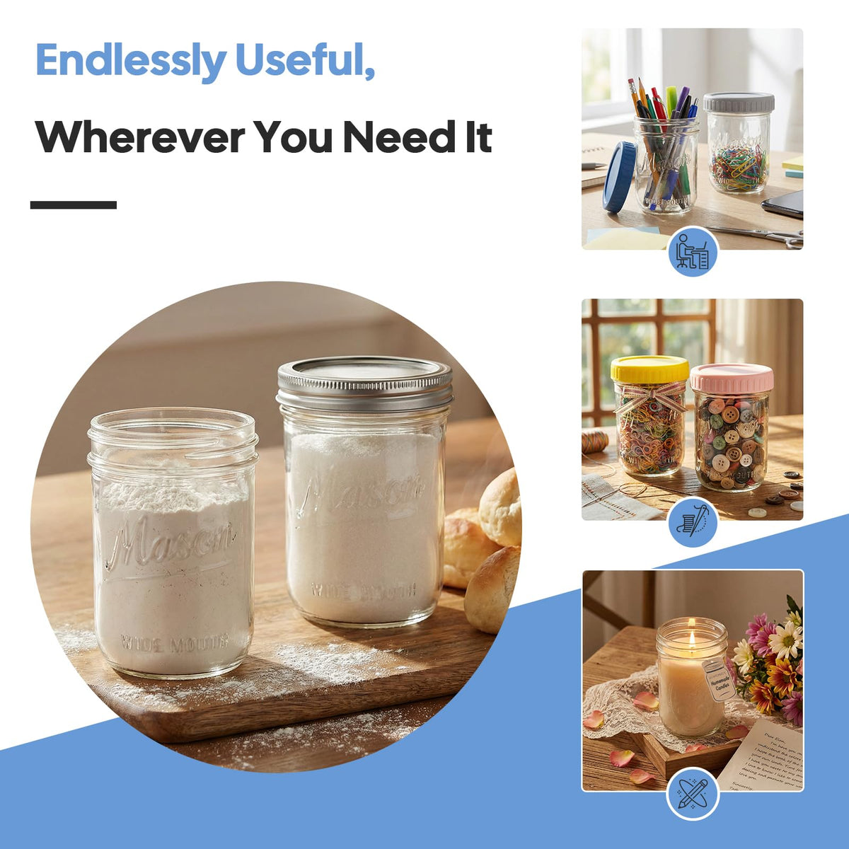 16oz 6-Pack Wide Mouth Glass Mason Jars with Airtight Lids P90225