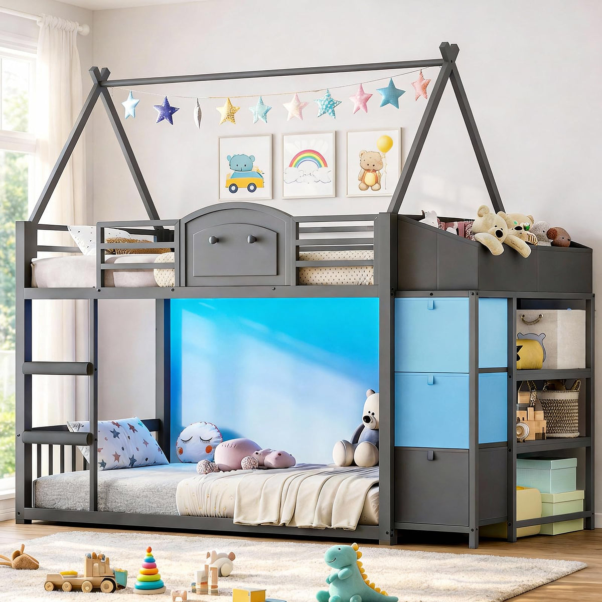 Twin Over Twin Bunk Bed with 3 Storage Drawers and Stairs O4532