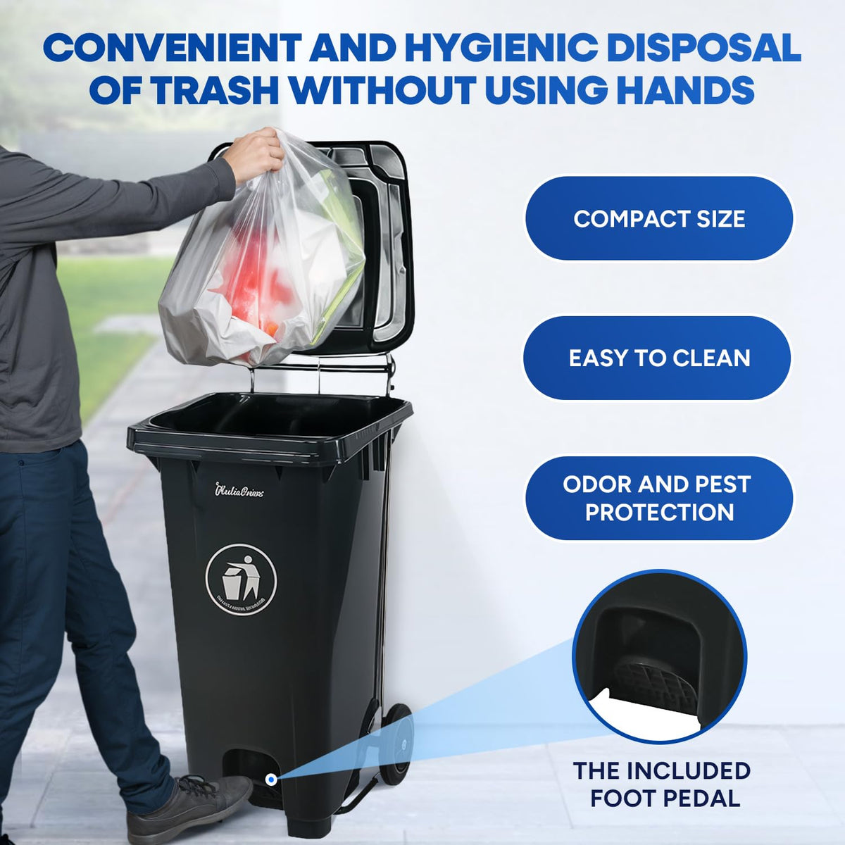 32 Gallon Plastic Trash Can with Wheels and Lid U11542