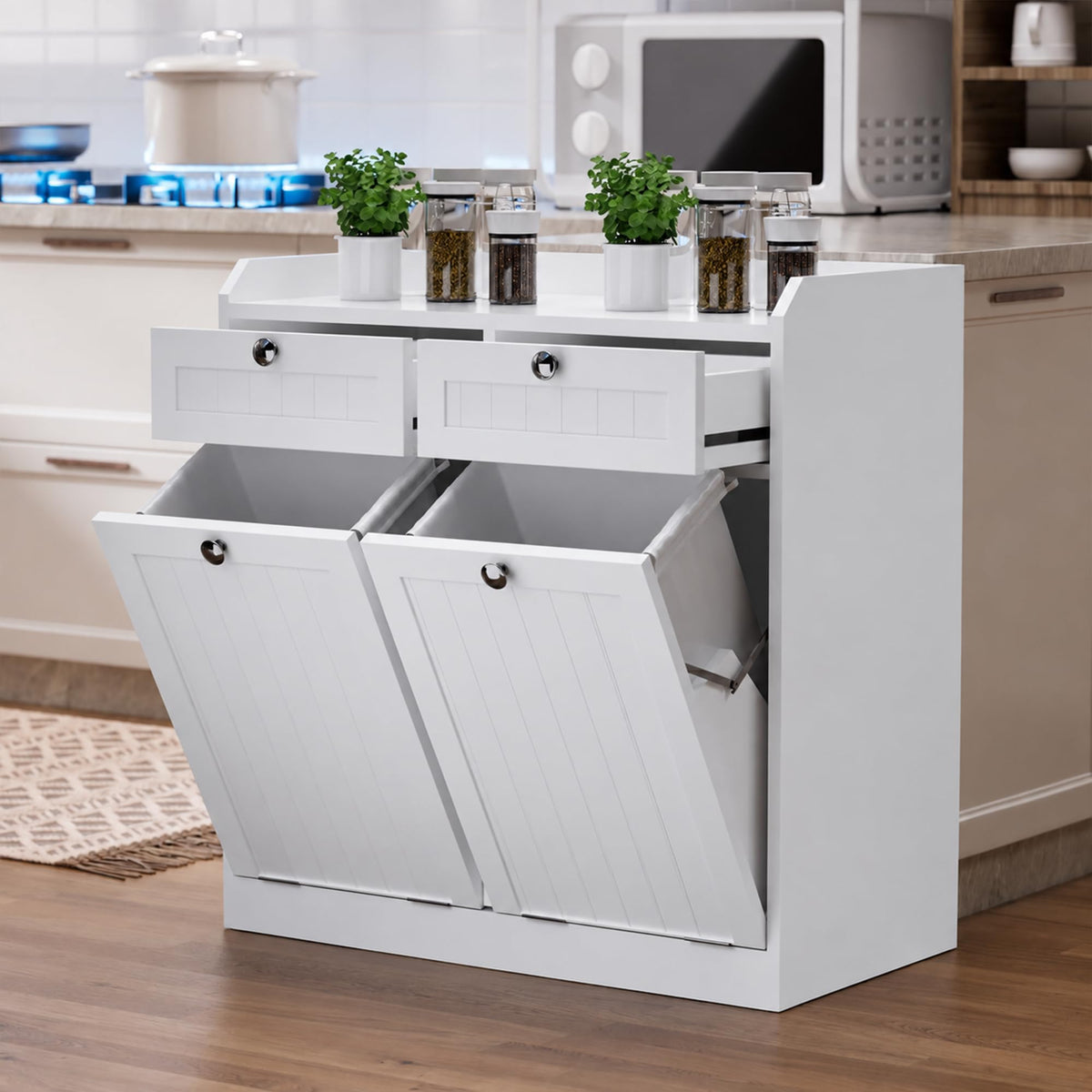 White 2 x 8 Gallon Double Tilt Out Trash Can Cabinet A6729