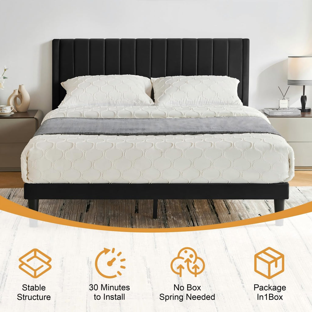 Queen Size Velvet Upholstered Platform Bed Frame A528299