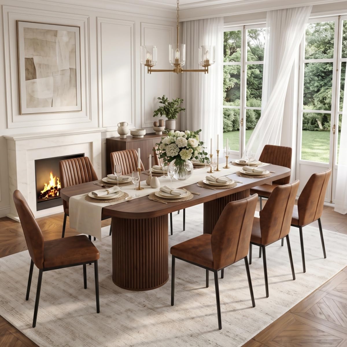 79" Rectangular Wood Dining Table Set for 8 with Cushioned Chairs B453