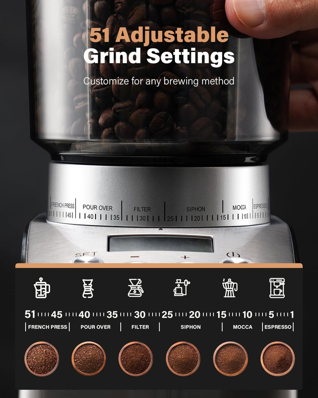Electric Conical Burr Coffee Grinder with 51 Grind Settings X76517