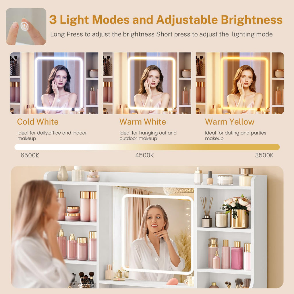 White Vanity Desk with Mirror and Lights O51556