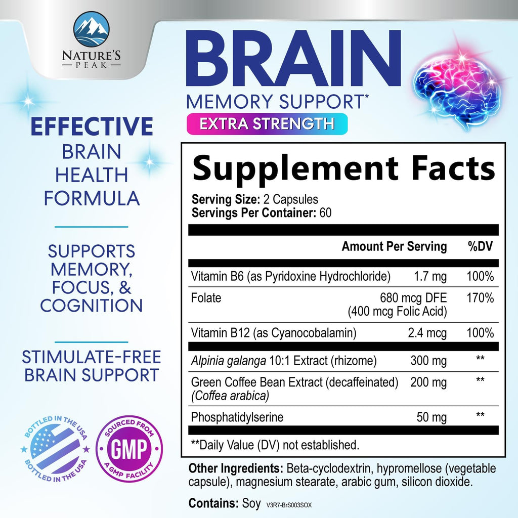 120 Capsules Brain Memory Supplement with Vitamin B6 B12 Folate & Phosphatidylserine F495651