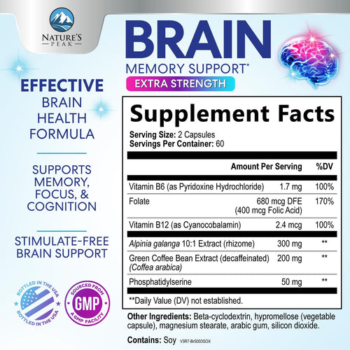 120 Capsules Brain Memory Supplement with Vitamin B6 B12 Folate & Phosphatidylserine F495651