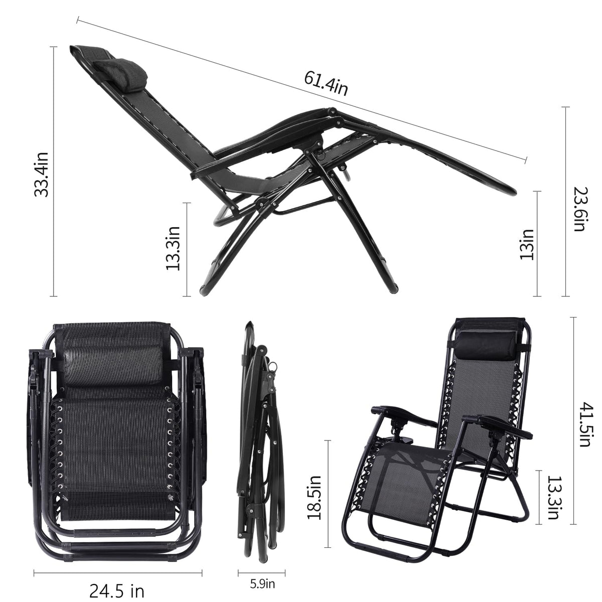 Black Adjustable Steel Mesh Zero Gravity Lounge Chair with Pillow and Cup Holder A685