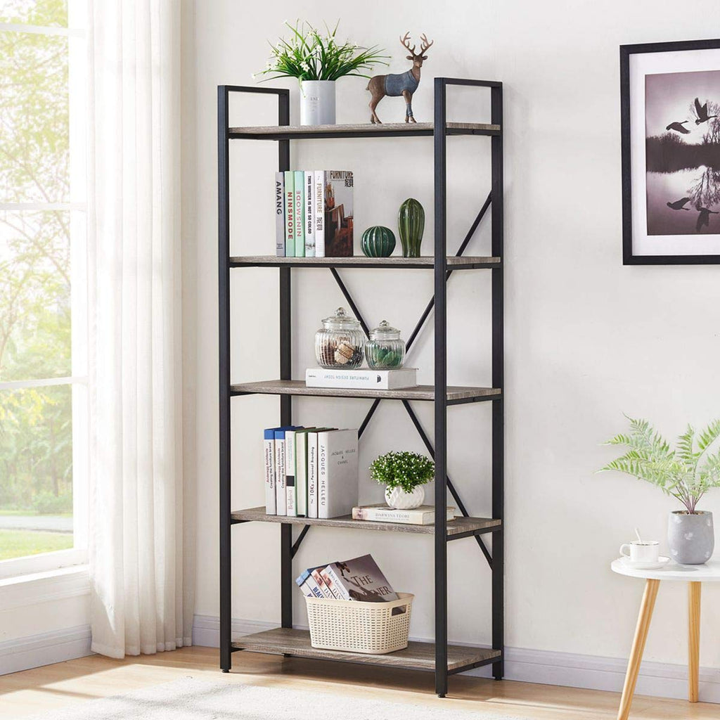 5 Tier Grey Wood and Metal Bookshelf C5523