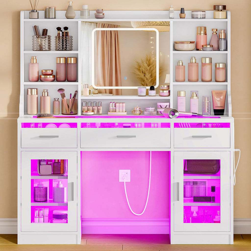 White Vanity Desk with Mirror and Lights O51556