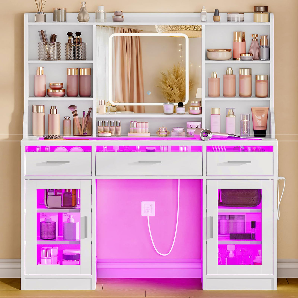 White Vanity Desk with Mirror and Lights O51556