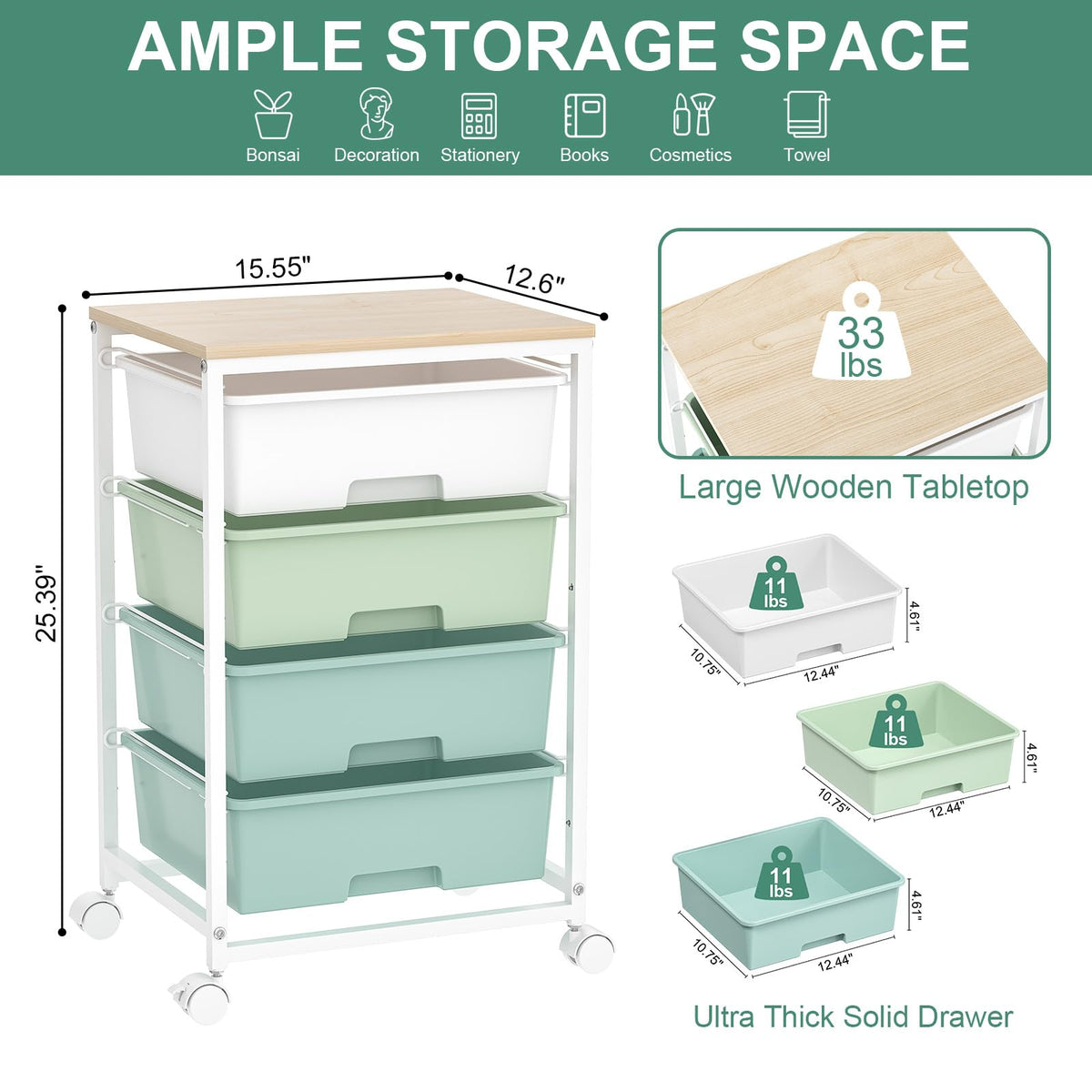 Rolling Cart with Drawers, 4-Drawer Utility Cart, Green V237601