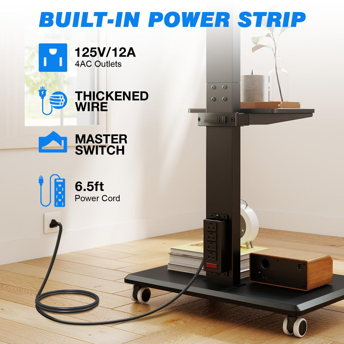 Black Mobile TV Stand 32-75 Inch with Power Outlet and Shelf X25934