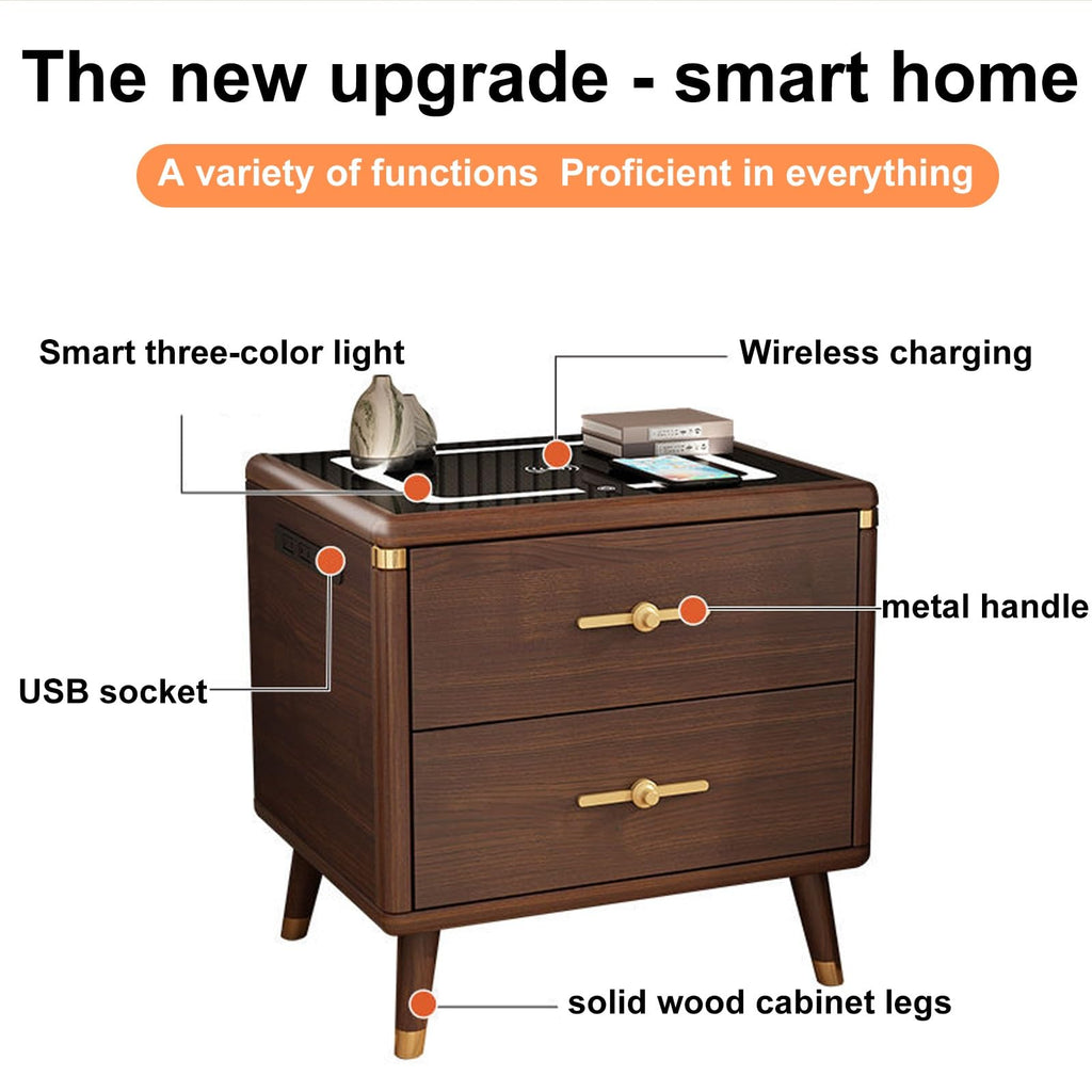 Solid Wood Nightstand with Wireless Charging Station and 2 Drawer Storage S395