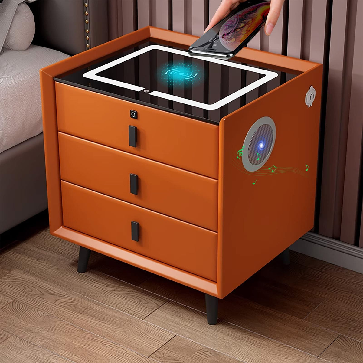 Orange 3 Drawer Wooden Nightstand with Wireless Charging Y707