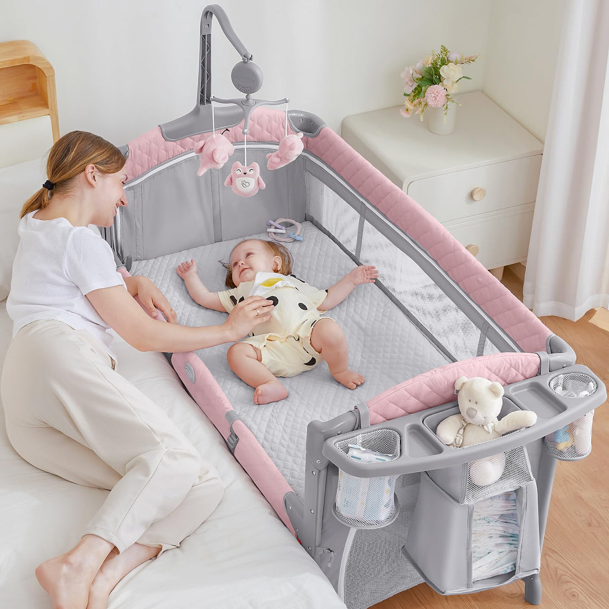 Pink Baby Bassinet Bedside Crib with Mattress T536184