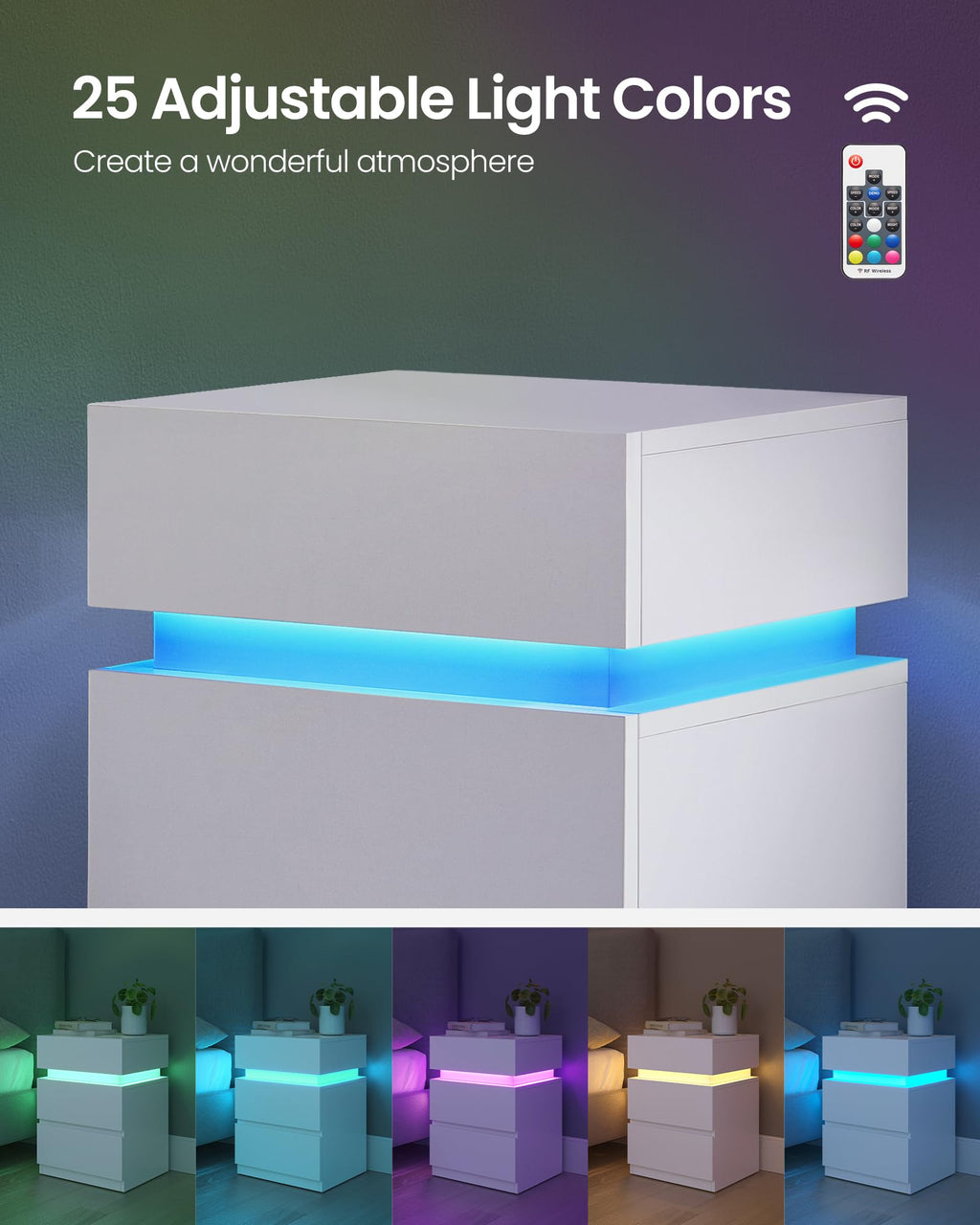 LED Nightstand with Charging Station, 3 Drawers F3586