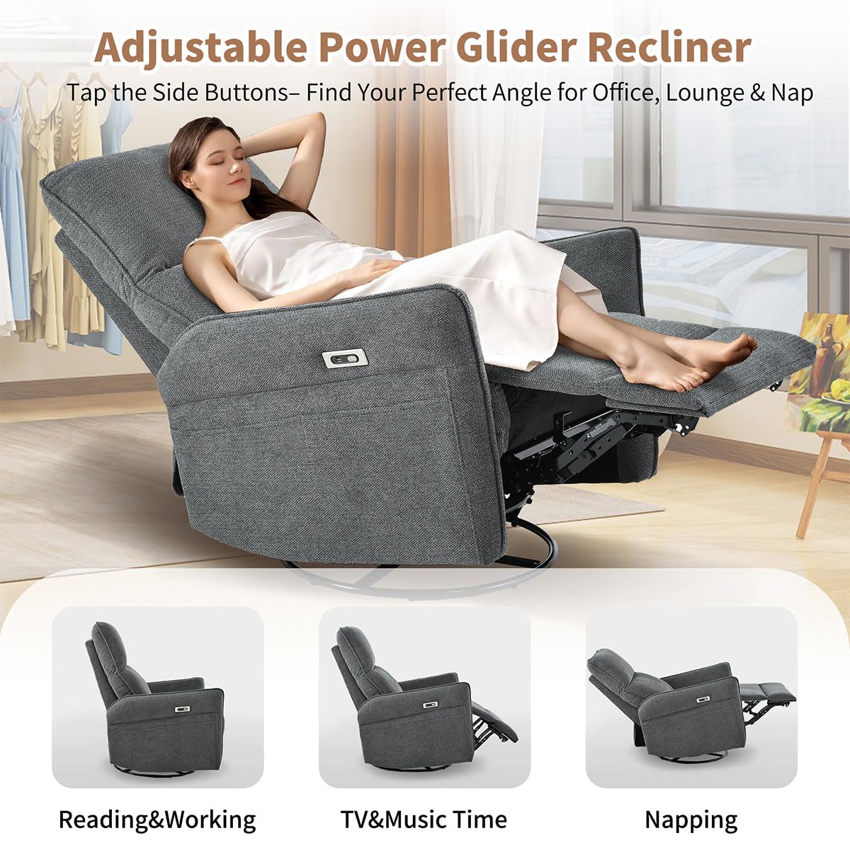Power Swivel Rocker Recliner Chair with USB, Dark Gray F5795