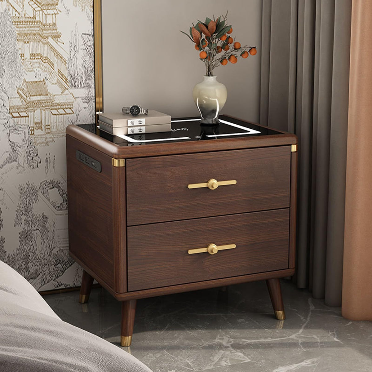 Solid Wood Nightstand with Wireless Charging Station and 2 Drawer Storage S395