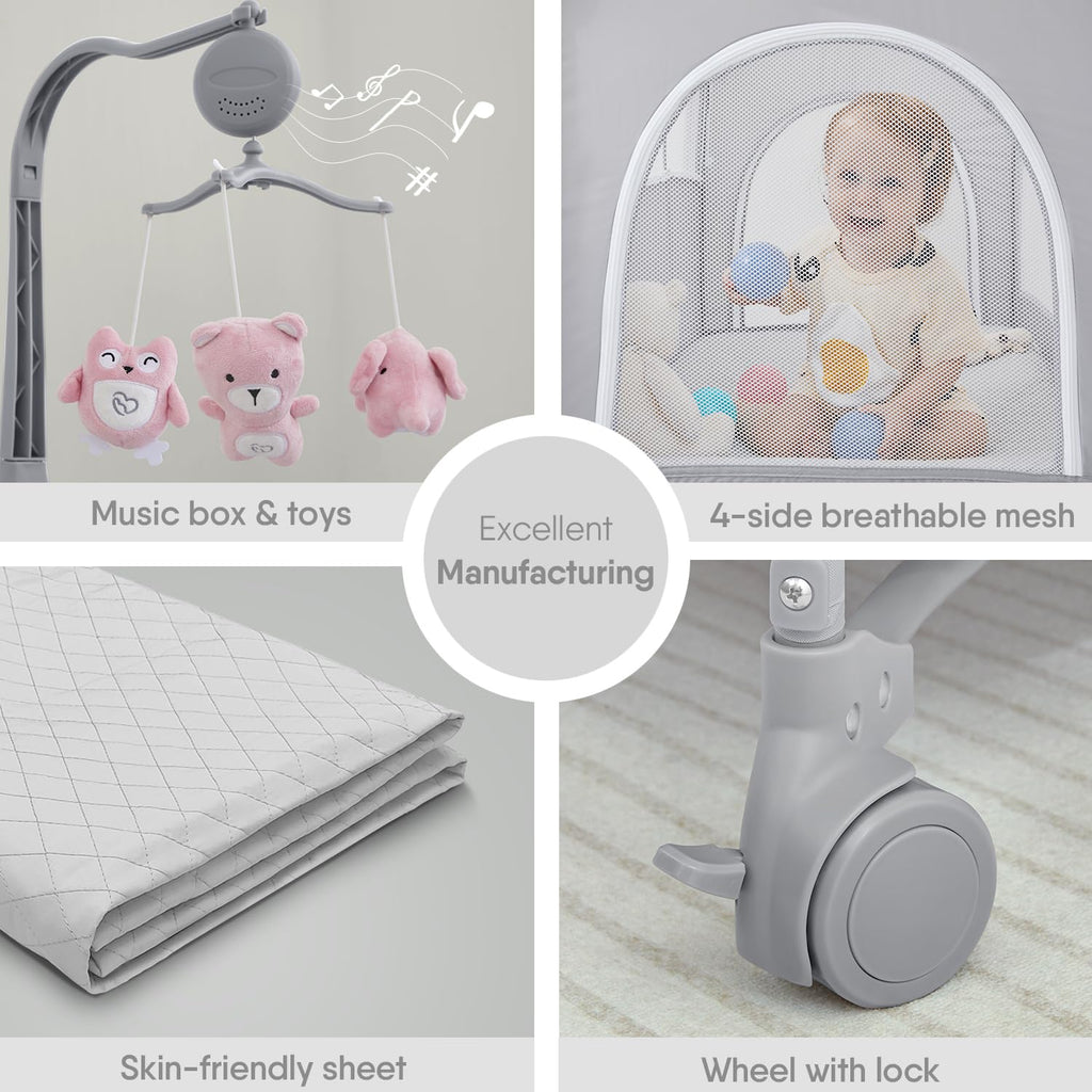 Pink Baby Bassinet Bedside Crib with Mattress T536184
