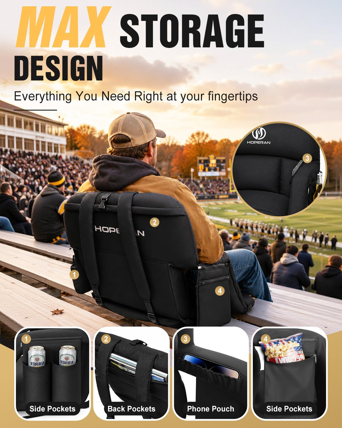 25" Heated Stadium Seats for Bleachers, 4.3" Extra Thick, Black 2PC E4183