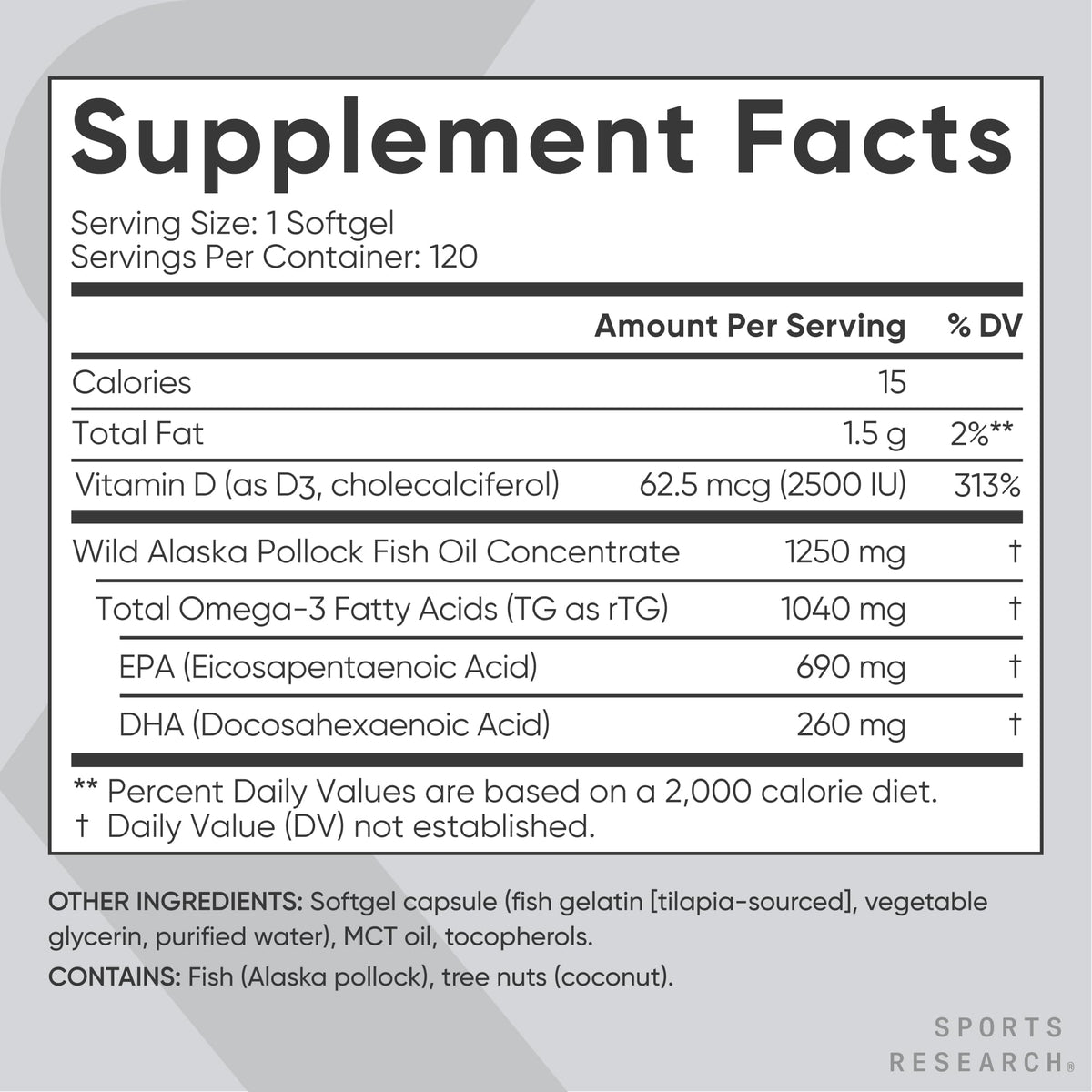 Omega-3 Fish Oil 1250mg + D3 2500iu, 120 Count I203717