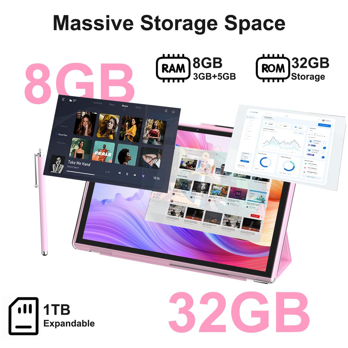 10 Inch Android Tablet with Case Stylus 8GB RAM 32GB ROM N3348