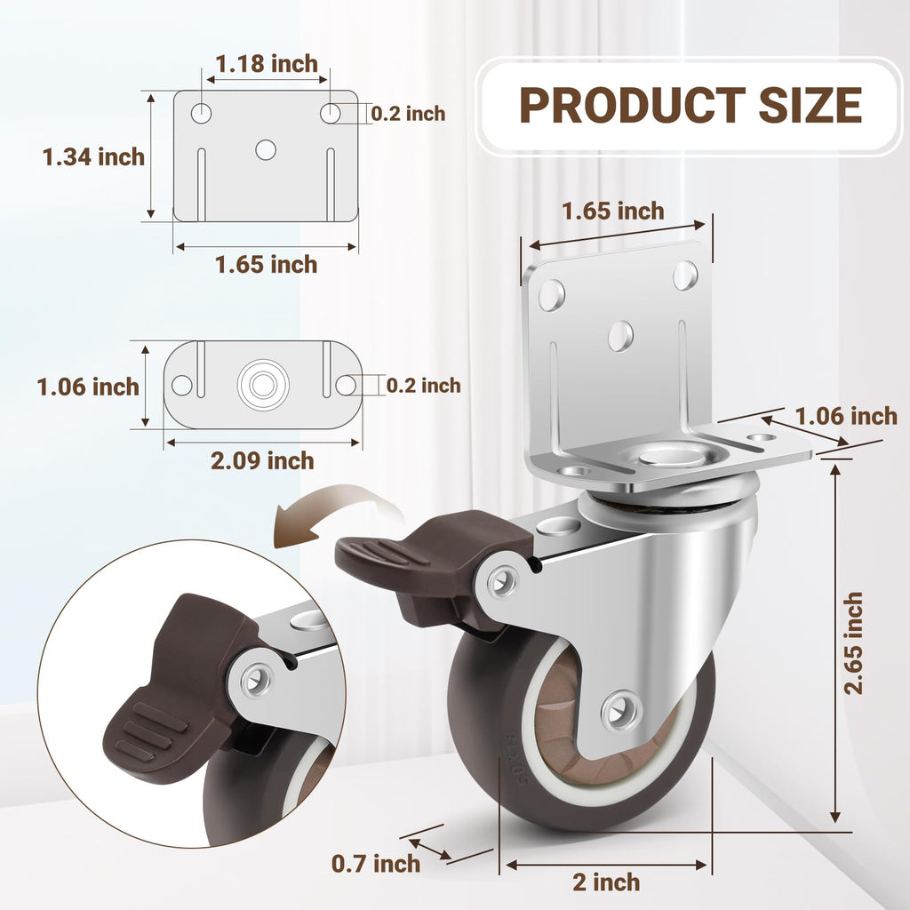 2 Inch L-Shaped Rubber Casters Set of 4 with Brakes K35624