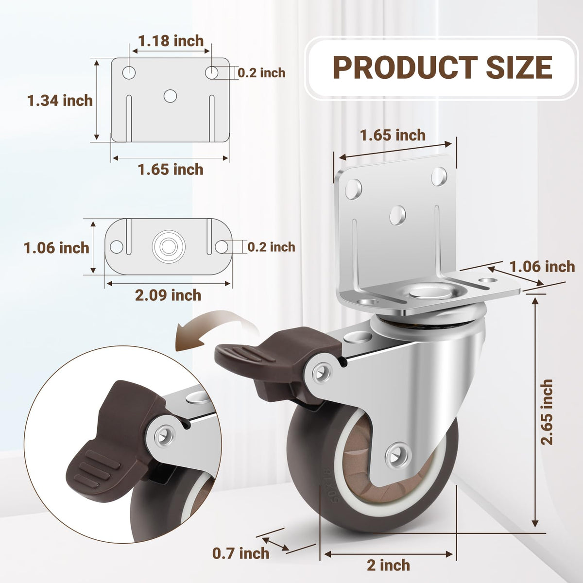 2 Inch L-Shaped Rubber Casters Set of 4 with Brakes K35624