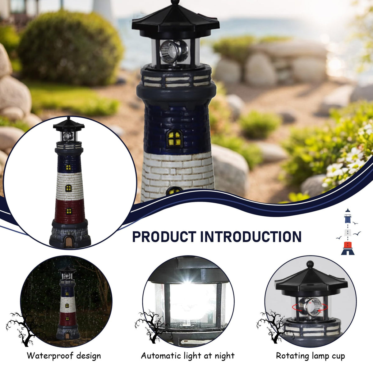 15" Tall Waterproof Resin Lighthouse Lamp with Rotating LED H931260
